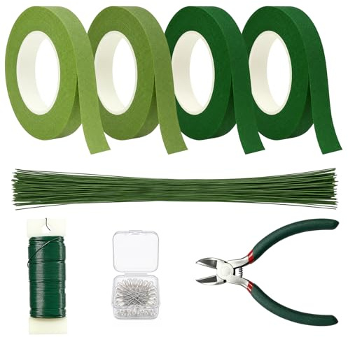 Jiaoshou Pan 100 Tallos de Alambre para Flores Artificiales, 4 Rollos Cinta de Floristería Verde, Alambre de Paleta, Kit de Arreglo Floral con Cortador y Alfileres, para Manualidades y Ramos
