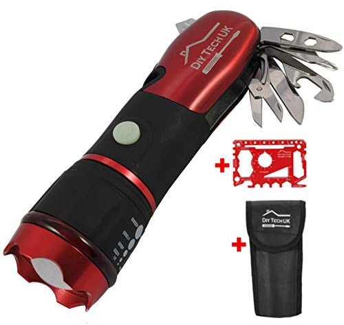 DIY TECH UK - 15 in 1 Pocket Multi Tool with Sciccors - 300m Powerful LED Torch + Screwdrivers Spanners Wrenches and More - Free 48 in 1 Credit Card Gadget - Anti-Slip - Burgundy Red