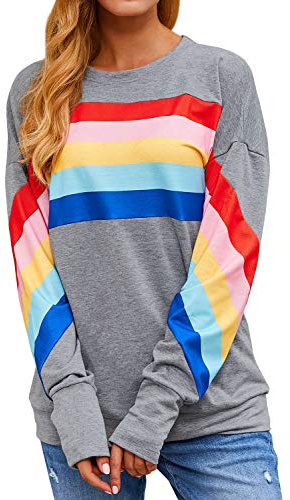 Dresswel damer regnbåge sweatshirt ränder pullover färgblock toppar, GRÅ, L