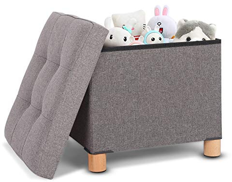 Banco Otomano de Almacenamiento, ReposapiéS y Cubo de Asiento Asiento Plegable Acolchado Mesa PortáTil Asiento Reposapiés con Patas de Madera para Dormitorio y Pasillo,38 X 38 X 35cm, Gris Oscuro