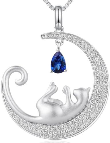 jiamiao Katthalsband för kvinnor och damer, katt- och fisk-halsband, katt, måne, halsband, sterling silver, kattsmycken för kvinnor, flickor, två katter, hänge