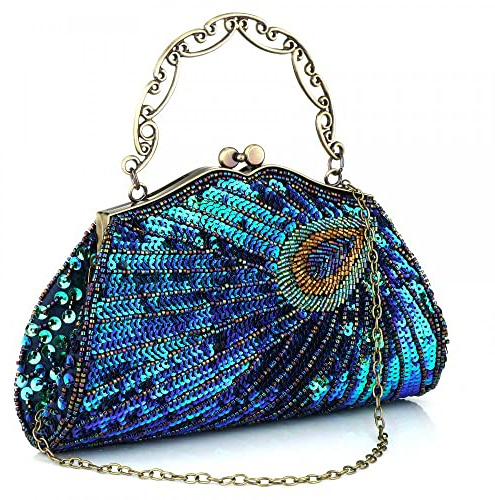 Gelory Peacock Clutch Bags for Women Polyester, Vintage Sequin Handbag Gifts Catching Purse Jade Cloud Handle Shoulder Bag Evening Bag for Cocktail Party Wedding (Peacock blue)