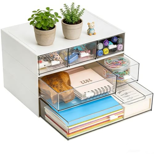 Lyellfe 3-Tier Desk Organizer with Drawer, Clear Plastic Storage Box, Jewelry & Makeup Organizer for School Supplies