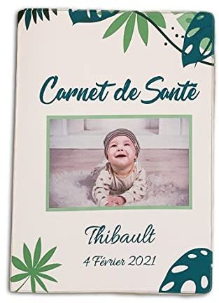 Nemau - Protège Carnet de Santé Personnalisé - Texte et Photo Personnalisables – Fabriqué en France - Étui Carnet Bébé Enfant Fille ou Garçon - Idée Cadeau Naissance - Modèle Feuille Tropical