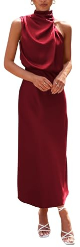 PRETTYGARDEN Women's 2025 Summer Satin Dress Elegant Sleeveless Mock Neck Cocktail Party Maxi Dresses (Dark Wine Red,Small)