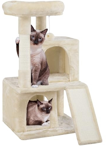 Yaheetech 3 Niveles Árbol Rascador para Gatos 49x45,5x92 cm Actividades para Gatos con Casas para Gato Plataforma y Poste Tablero para Rascar Beige