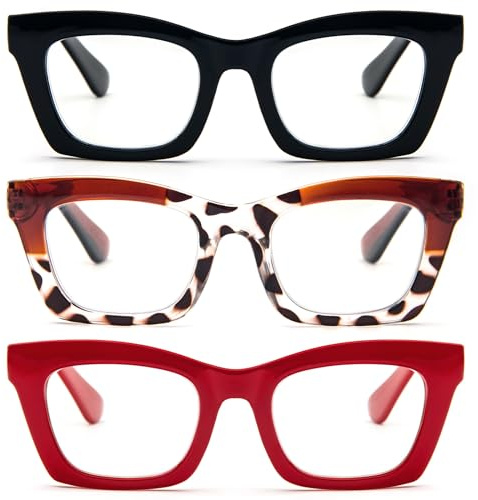 REAVEE 3 Pack Reading Glasses for Women Blue Light Blocking, Oversized Cute Square Fashion Computer Readers with Spring Hinge 1.75
