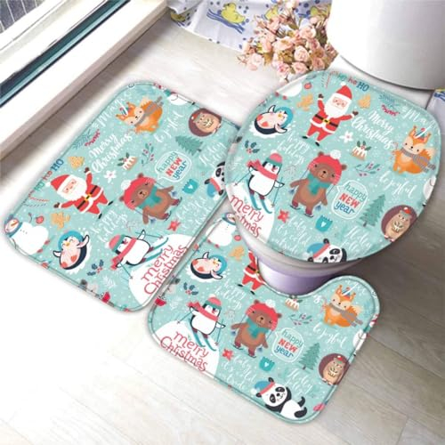 Badematte Set 3 Teilig 50x80 Weihnachten Badematten 3D rutschfest Waschbar Badvorleger WC Vorleger Deckelbezug U-Förmige Badteppich Badezimmer Weihnachtsmann Tiere Cartoon Badezimmerdekoratio