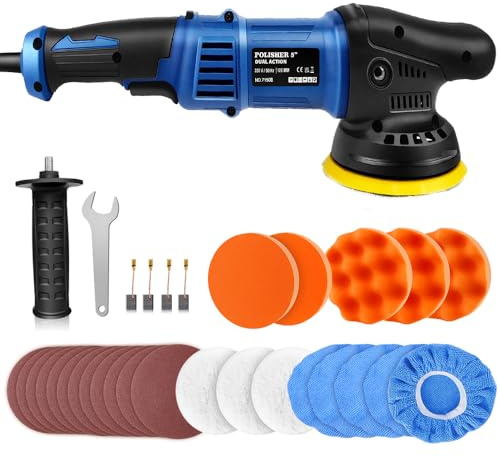 Car Buffers Polishers Kit for Car Detailing Polishing Sanding, 5 Inch Dual Action Electric Polishing Machine 6 Variable Speed w/Detachable Handle, 8X Polishing Pad, 5X Bonnet Pad, 12x Sanding Paper