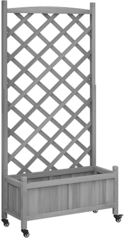 vidaXL Wooden Planter with Trellis - Grey Solid Fir Wood Garden Box on Wheels for Climbing Plants, Terrace & Balcony