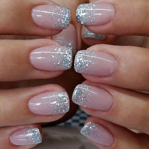 Curvlife 30pcs Short Press On Nails, Shining Stick on Fake Nails Design Glossy Acrylic Nails Tips Glue on Nails For Women False Nail Kit With Nail Glue