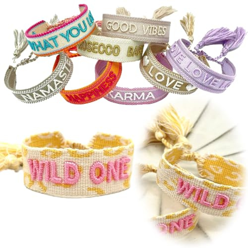 LS-LebenStil Exklusives Statement Armband - das Original - Wild One Gelb Rose Pink 16-20cm Quasten besticktes Boho Canvas Webarmband Damen Freundschaftsarmband Geschenk gewebt textil Stoffarmband
