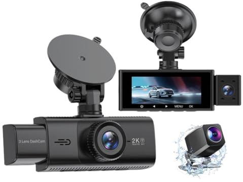 XRC TECH 3-kanals 2K instrumentkamera för bilar, främre inuti bakre kamera, 1440P +1080P+1080P videoinspelare, bil DVR med WiFi IR mörkerseende videoinspelare