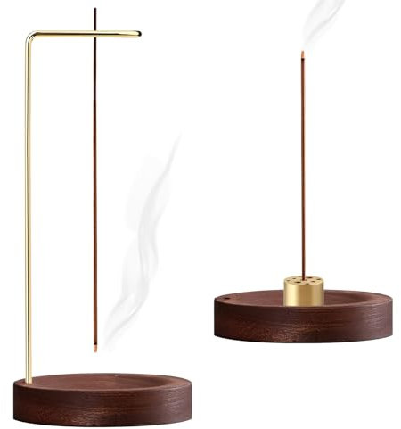 Riceel Porte Encens 2 en 1, Brûleur D'encens Inversé à 9 Trous en Laiton et Bois pour Décor de Bureau à Domicile Yoga Méditation