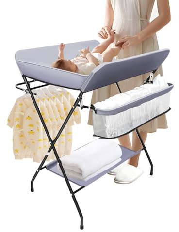 TkkMivcOC Baby Changing Table, Folding Baby Changing Unit, Portable Diaper Station, Infant Care Station with Storage and Elevated Fence, Multi-Functional Storage Organizer Nursery (Grey)