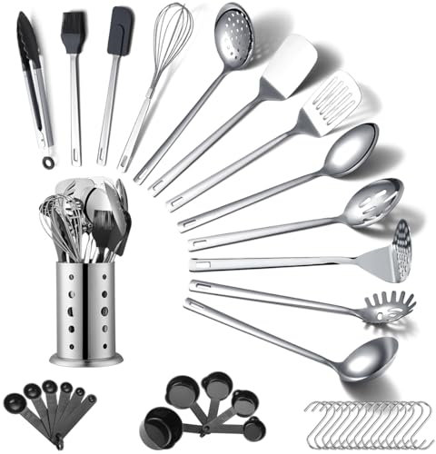 ReaNea Set di utensili da cucina in acciaio inossidabile 40 pezzi con portautensili, gadget da cucina, set di spatole in metallo