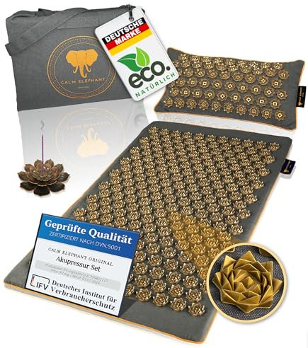 CALM ELEPHANT ORIGINAL® Tappetino per agopressione di lusso con cuscino XL Set Pure ECO, tappetino per schiena, per alleviare la tensione, tappetino per agopuntura, cuscino con funzione di calore e