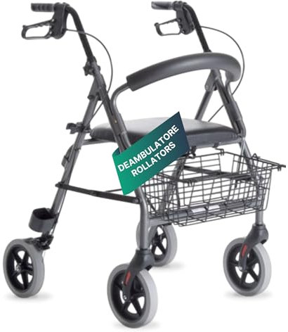 REMEDIA ONE - Rollator Deambulatore per Anziani 2 Ruote Piroettanti 2 Fisse - Deambulatore con Seduta Imbottita, Schienale e Cestino Porta Oggetti
