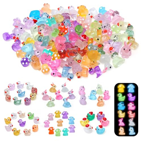 LEADSTAR Lot de 100 Mini Animaux en Résine Mini Canards,8 Styles Lumineux Petites Figurines de Canards,Lapins,Licornes,Miniatures Décoration pour Bricolage, Maisons de Poupées,Paysages et Aquariums