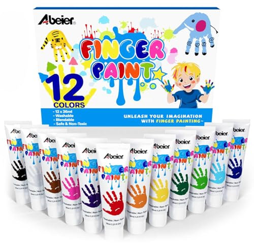 ABEIER Fingerfarben Kinder Ungiftig, Waschfest, 12 x 36ml, Auswaschbar Kleinkinder Fingermalfarben, Kind Farbe für Abdrücke,Sicheres Malzubehör für Kindergarten Schule Frühes Lernen, zu Hause