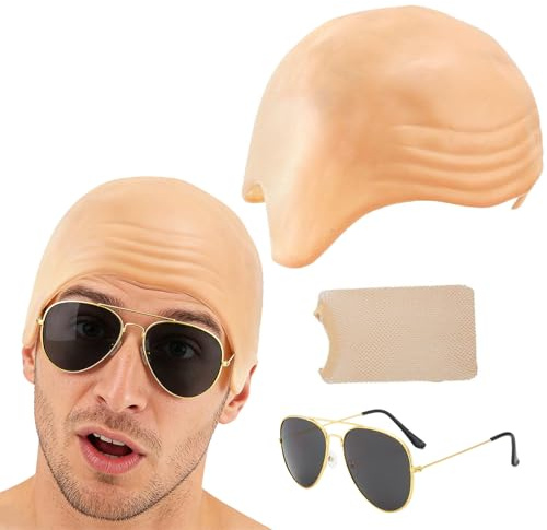 Esshogo 1 st skallig keps av latex, solglasögon, elastiskt hårnät | Peruk skallig, kostym falsk skig rolig skallig huvud, latex slät hatt, Gru kostym peruk skallig ekap