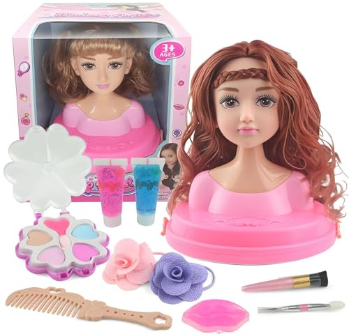 QiLumier Cabeza Muñeca para Peinar y Maquillar, Cabeza de Peluquería para Niños con Accesorios, Busto Muñeca Peinar y Maquillar para niña 3 4 5 6 Años Regalos Cumpleaños Navidad