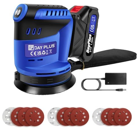 Kit Ponceuse Excentrique Sans Fil - 21V - 1x Batterie 1.5Ah - 12 Abrasifs Inclus - Multiusage (Polissage, Ponçage Fin, Décape) - Ergonomique & Léger - Parfait Bricoleurs/Pros