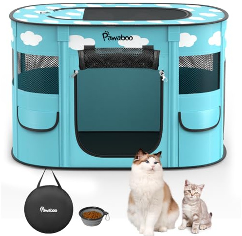 Dog Playpen, Portable Pet Cat PlayPen, 600D Oxford Dog Kennel Tent Crate, Waterproof&Breathable, Indoor Outdoor Travel Camping for Medium/Large Breed with Carrying Case+Bowl(M), Blue + White Clouds