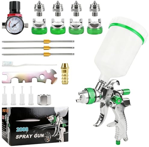 beibijio HVLP Paint Spray Gun Kit, Professional Paint Spray Gun Compressed Air with 1.4 mm/1.7 mm/2.0 mm/2.5 mm Nozzles, Paint Spray System Spray Gun with 600 ml Plastic Cup, Adjustable Air Pressure
