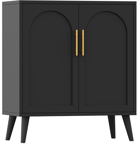 Keehusux 15.7 D Black Buffet Cabinet with Storage, Boho Buffet Sideboard with Adjustable Shelf and Solid Wood Legs, Accent Floor Storage Cabinet for Kitchen, Living Room, Natural