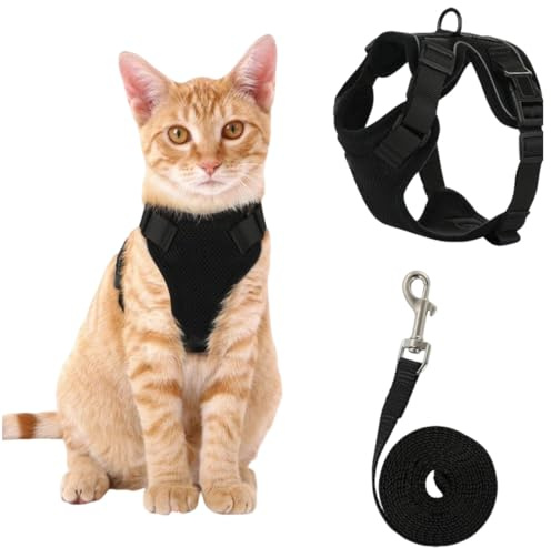 GNALIA Arnes Para Gatos, Chaleco Ajustable Antiescape Con Correa 150Cm, Tela De Malla Suave Transpirable, Tamaño Xs Color Negro, 1 Unidad Para Pasear Y Entrenar