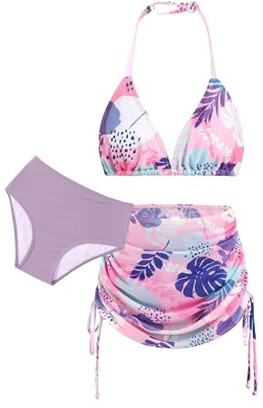 Arshiner Niñas Conjunto de Bikini 3 Piezas Niños Cuello Halter Tankini de Tres Piezas con Falda Verano Impresión Traje de Baño Bikinis para Niñas 14-15 Años