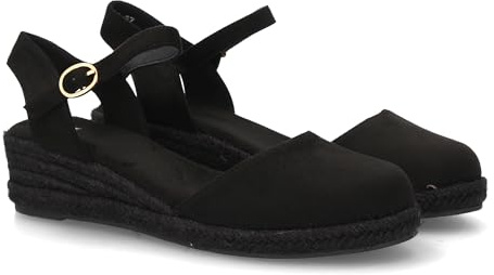 100284 Sandalia Alpargata de mujer con cuna de esparto y puntera cerrada, talon abierto con cierre de hebilla. Cuna baja con plataforma ligera ideal para uso diario en primavera verano Negro Talla 39