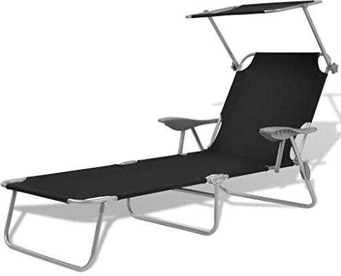 QJBSAVVA Lettino prendisole con tettuccio parasole, pieghevole, da giardino, regolabile, con telaio in acciaio e braccioli, sdraio a tre gambe, per spiaggia e terrazza, portata 120 kg, nero, 189 x 58