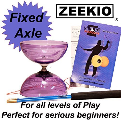 Zeekio Crystal Series Master Spin Diabolo - Fixed Axle, Durable Transparent cups, Comes with Sticks, String and Instructions - (Purple)