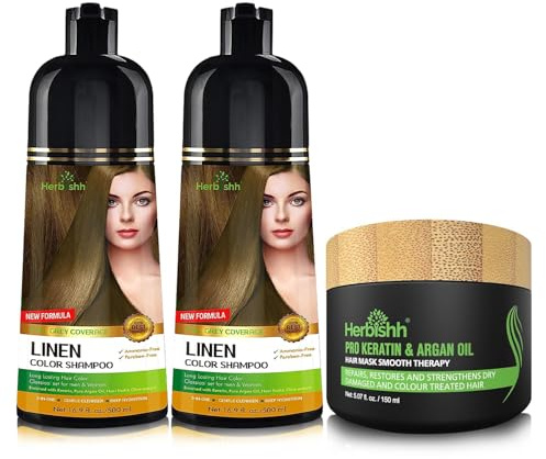 Herbishh Ultimate Hair Color Shampoo Kit (2 Stück Hair Color Shampoo + Argan Hair Mask) für graues Haar Permanentes Haarfärbeshampoo für Männer und Frauen Langanhaltendes Shampoo (Linen)