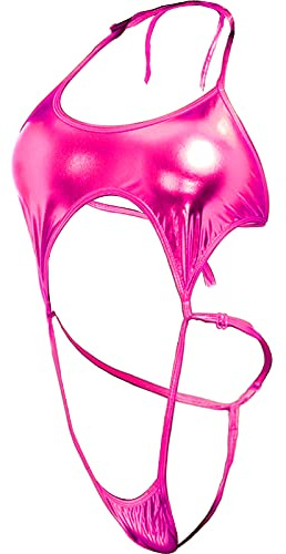 Taube Women Sexy High Cut Thong Shiny Metallic Teddy Lingerie Wet Look One Piece Exotic Sleepwear (Rosered)