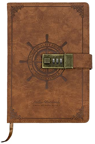 HMF Notizbuch mit Schloss, Tagebuch liniert mit Code, Vintage | Kunstleder | A5 | Braun