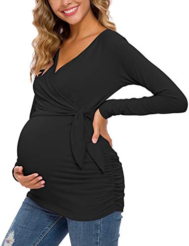 Love2Mi Donne maternità Allattamento Top Manica Lunga Scollo a V Carino Premaman Vestiti, Lungo Nero., S