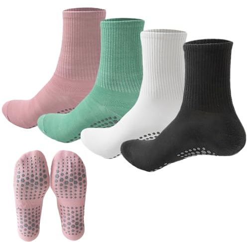 KEYRI 4 Pares Calcetines Antideslizantes para Mujer, Talla Única, Atléticos para Yoga, Pilates, Ballet, Deportes (Rosa+Cian+Blanco+Negro)