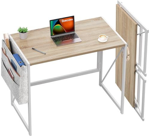 SOROGRA Escritorio Plegable con Bolsa de Almacenamiento y Ganchos para Auriculares, Mesa de Ordenador para Oficina en Casa y Estudio, Escritorio Pequeño para Espacios Reducidos, Montaje Fácil, Beige