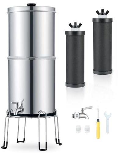 CO-Z Schwerkraft-Wasserfiltersystem 8,5L mit Ständer Schwerkraft-Wasserfilter aus 304-Edelstahl mit 2 Kohlewasserfilterkartuschen und Wasserhahn Trinkwasser Filter Außen Camping Outdoor