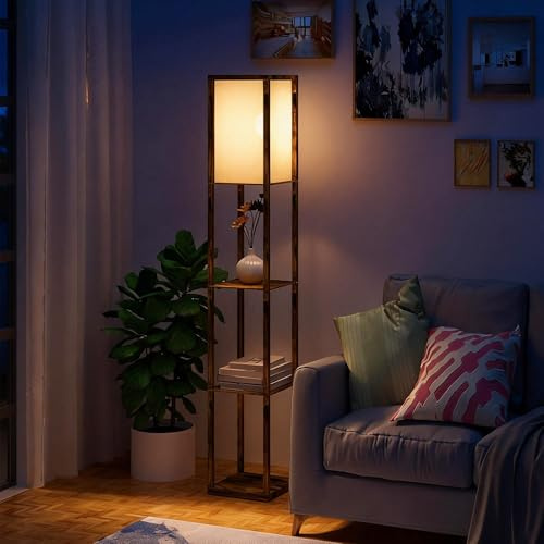 HOMCOM Lampada da Terra Piantana 40W con 3 Scaffale, Attacco E27, Lampada da Pavimento Moderno con Paralume in Acrilico, Soggiorno, Salotto, Camera da Letto, Studio, Ufficio, 26x26x160cm, Color Legno