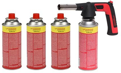 ROTHENBERGER Industrial RS 220 Brenner Aufsatz inkl. 4 x RoButan Kartusche 220g | Piezo Zündung | 180-360 °C Drehung/Über Kopf Betrieb möglich | Lötbrenner | Gasbrenner