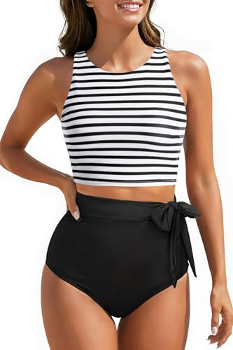 Aqua Eve Women High Waisted Bikini Set Racerback Swimsuit Two Piece Bathing Suit High Neck Swimwear Stripe and Black X-Small