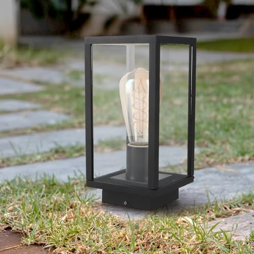 M Ledme - Baliza LED Exterior Serie Ducte Plus, Impermeable IP44, Casquillo E27, Acabado en Negro, Acero/Cristal, Ideal para Jardines y Caminos, Potencia Máx. 40W (Bombilla no incluida)
