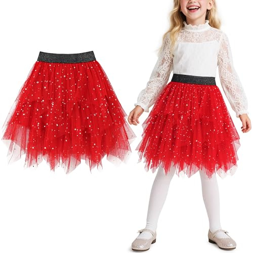 Keyck Filles Jupe Tulle Tutu Paillettes Élégante Midi-Longue 3 Couches A-Line Dance Ballet Jupes Elastique Taille Carnaval Halloween Fête Party Costume pour Filles 7-8 Ans, Rouge