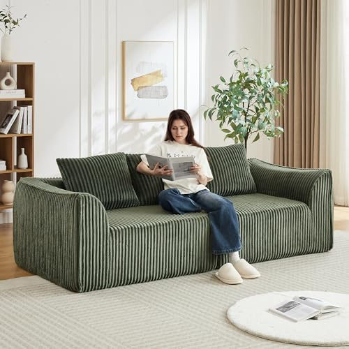 Yihomfy Canapé 3 Places Modulaire en Corduroy côtelé, canapé 235.5 cm Salon Moderne avec Assise rembourrée, Canapé Entièrement Compressé, 2 Coussins, Aucun Assemblage requis (Vert, 3)