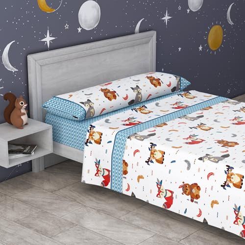 various Juego de Sábanas Infantiles Cama 90x190/200 cm – 3 Piezas (Encimera + Bajera Ajustable + Funda de Almohada) – 50% Algodón 50% Poliéster, 144 Hilos - Modelo Forest Azul