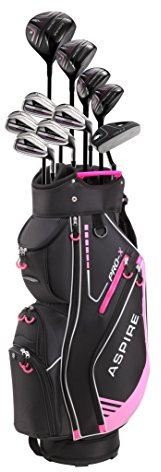 aspire Pro-x Damen Komplett Rechtshänder Golfschläger Set Titan F Treiber, 3 Fairway Holz, 4–5-Hybriden, Eisenschläger 7-SW Eisen, Putter, Cartbag, 4 H/C 's, Rose, Petite Size -1